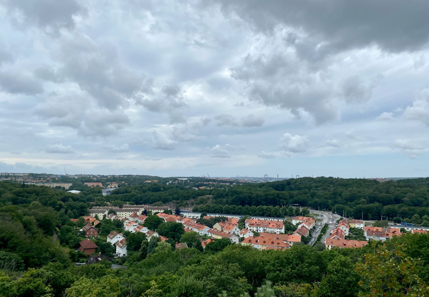 Häuser mit roten Dächern zwischen Bäumen nahe einer Stadtsilhouette.
