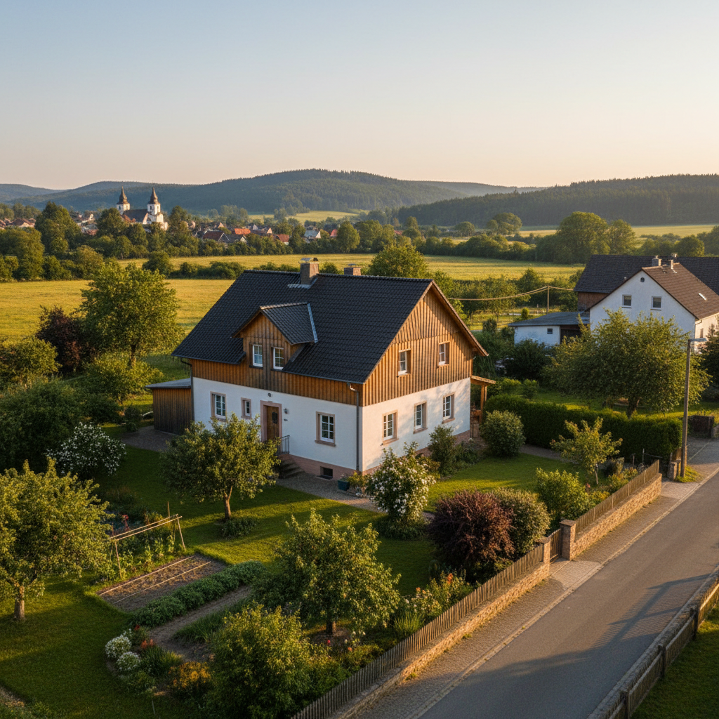 Ein renoviertes Bauernhaus steht eingebettet in eine grüne Landschaft mit Wiesen, Bäumen und einem Dorf im Hintergrund bei Sonnenuntergang.
