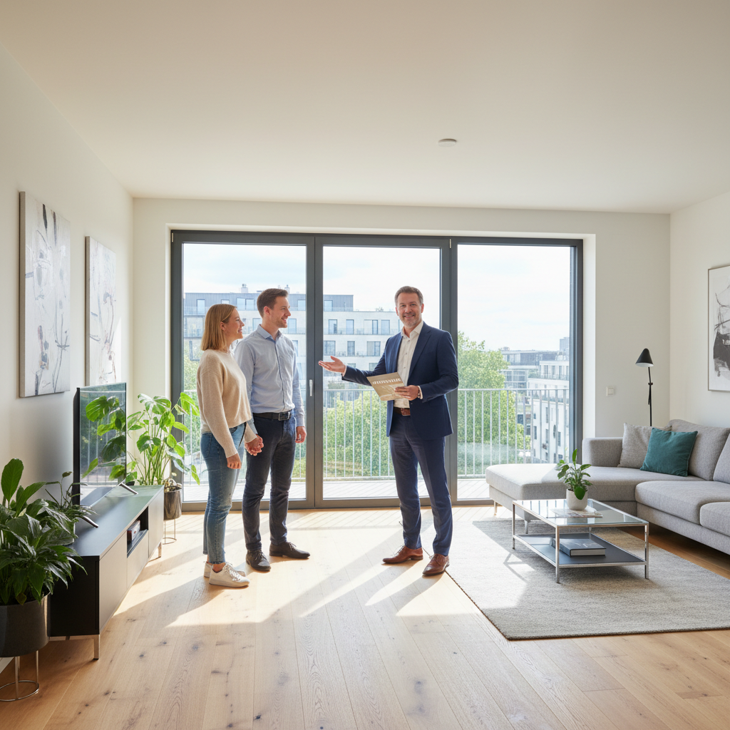 Ein Immobilienmakler im Anzug führt ein Paar durch ein modernes, helles Wohnzimmer mit großer Fensterfront.